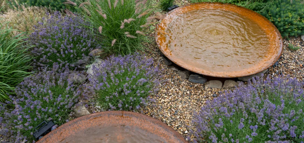 Blick auf eine Bepflanzung mit Wasserspielen.