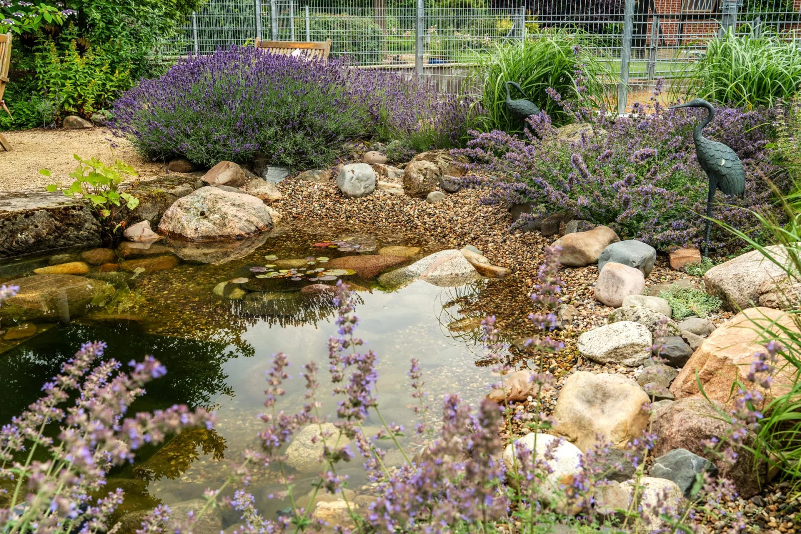 Gartenteich umrandet von Steinen und naturaher Bepflanzung.